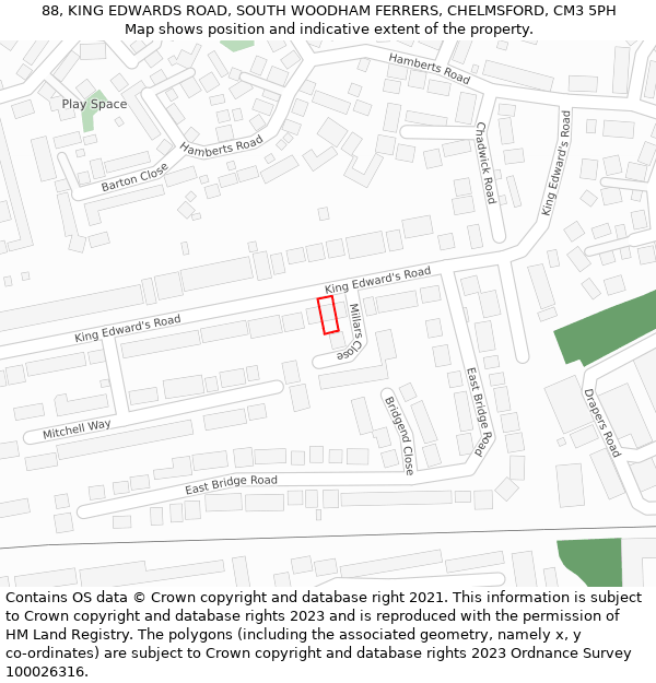 88, KING EDWARDS ROAD, SOUTH WOODHAM FERRERS, CHELMSFORD, CM3 5PH: Location map and indicative extent of plot