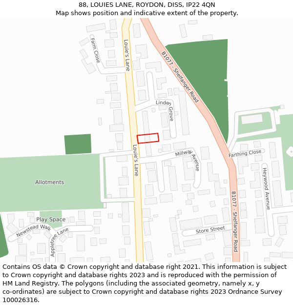 88, LOUIES LANE, ROYDON, DISS, IP22 4QN: Location map and indicative extent of plot