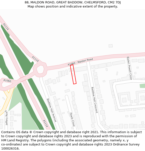 88, MALDON ROAD, GREAT BADDOW, CHELMSFORD, CM2 7DJ: Location map and indicative extent of plot