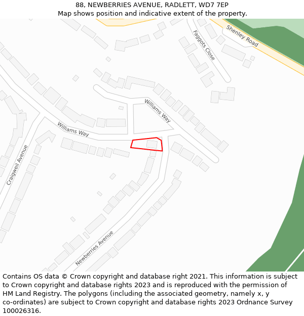 88, NEWBERRIES AVENUE, RADLETT, WD7 7EP: Location map and indicative extent of plot