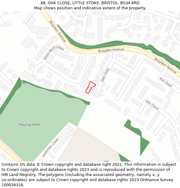 88, OAK CLOSE, LITTLE STOKE, BRISTOL, BS34 6RD: Location map and indicative extent of plot