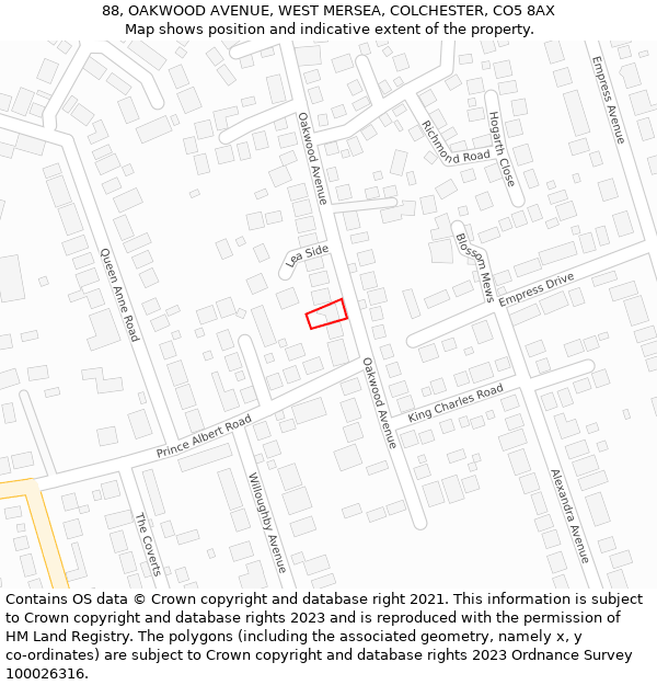 88, OAKWOOD AVENUE, WEST MERSEA, COLCHESTER, CO5 8AX: Location map and indicative extent of plot