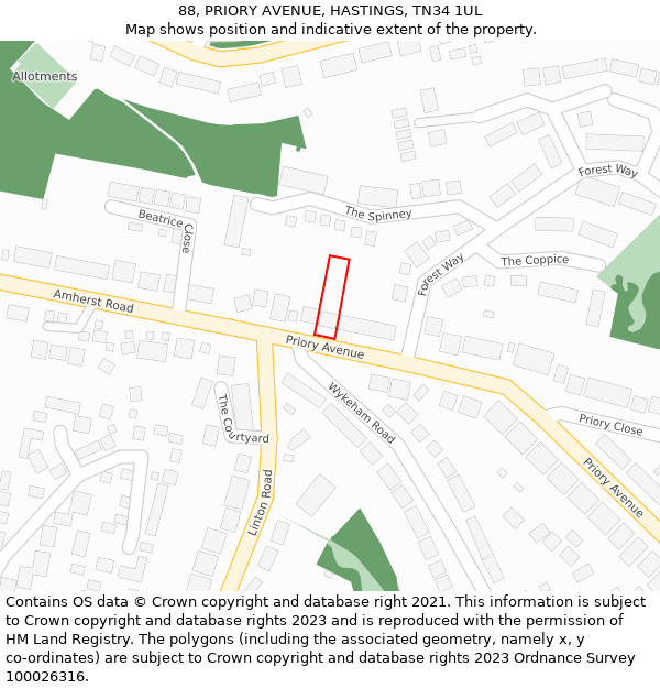 88, PRIORY AVENUE, HASTINGS, TN34 1UL: Location map and indicative extent of plot