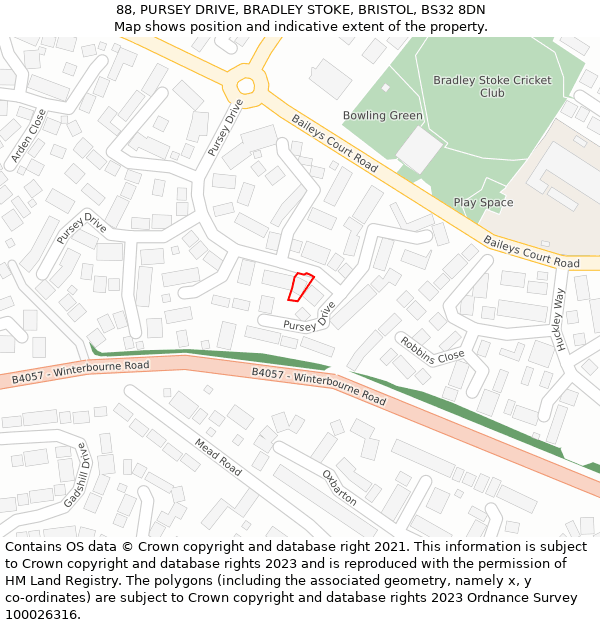 88, PURSEY DRIVE, BRADLEY STOKE, BRISTOL, BS32 8DN: Location map and indicative extent of plot