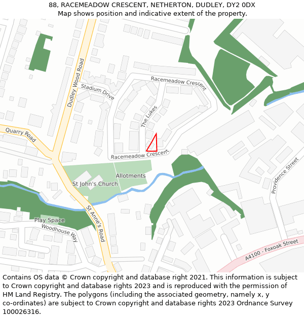 88, RACEMEADOW CRESCENT, NETHERTON, DUDLEY, DY2 0DX: Location map and indicative extent of plot