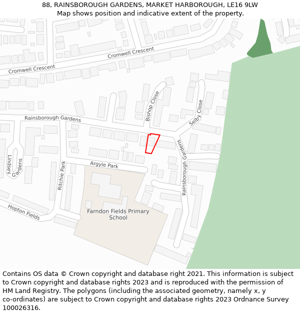 88, RAINSBOROUGH GARDENS, MARKET HARBOROUGH, LE16 9LW: Location map and indicative extent of plot