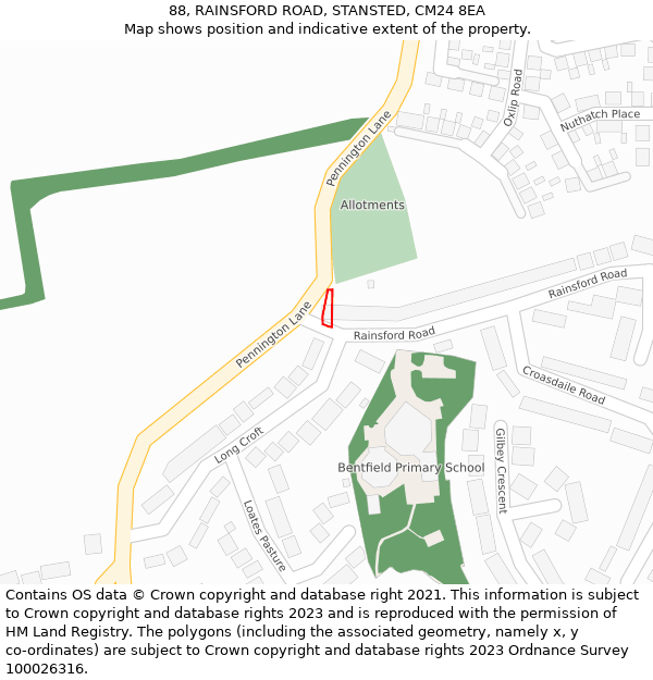 88, RAINSFORD ROAD, STANSTED, CM24 8EA: Location map and indicative extent of plot