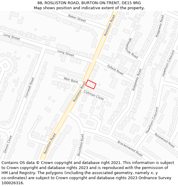 88, ROSLISTON ROAD, BURTON-ON-TRENT, DE15 9RG: Location map and indicative extent of plot