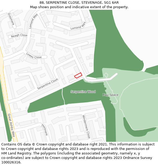 88, SERPENTINE CLOSE, STEVENAGE, SG1 6AR: Location map and indicative extent of plot
