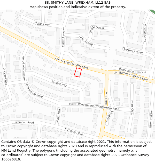 88, SMITHY LANE, WREXHAM, LL12 8AS: Location map and indicative extent of plot
