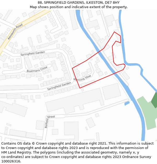 88, SPRINGFIELD GARDENS, ILKESTON, DE7 8HY: Location map and indicative extent of plot