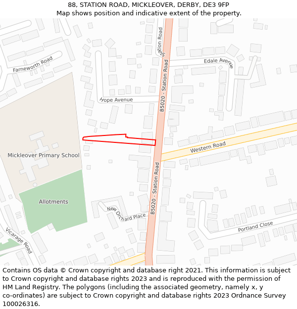 88, STATION ROAD, MICKLEOVER, DERBY, DE3 9FP: Location map and indicative extent of plot