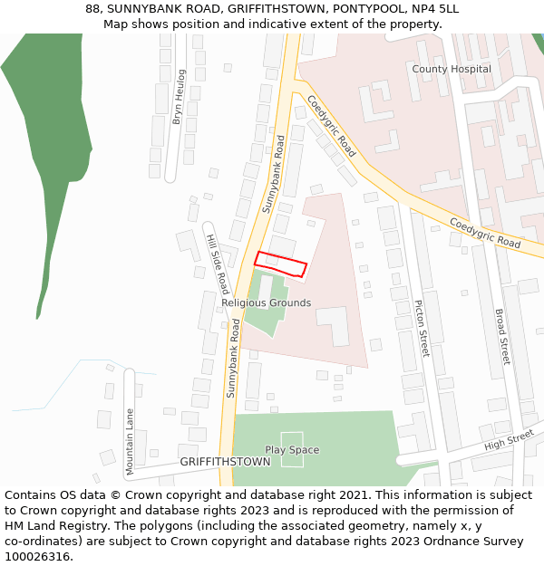 88, SUNNYBANK ROAD, GRIFFITHSTOWN, PONTYPOOL, NP4 5LL: Location map and indicative extent of plot