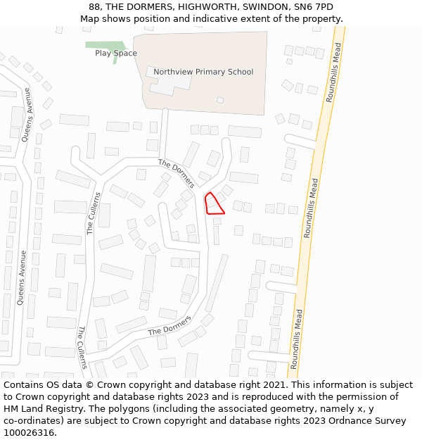 88, THE DORMERS, HIGHWORTH, SWINDON, SN6 7PD: Location map and indicative extent of plot