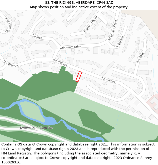 88, THE RIDINGS, ABERDARE, CF44 8AZ: Location map and indicative extent of plot