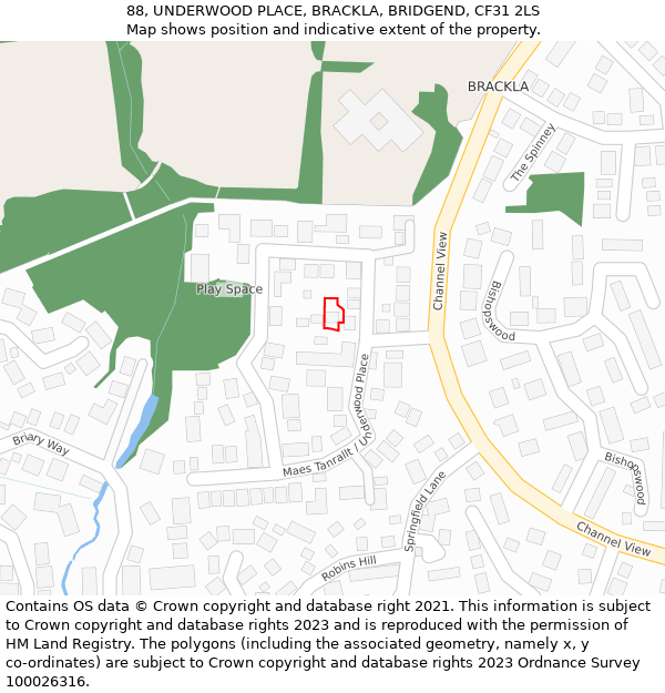 88, UNDERWOOD PLACE, BRACKLA, BRIDGEND, CF31 2LS: Location map and indicative extent of plot