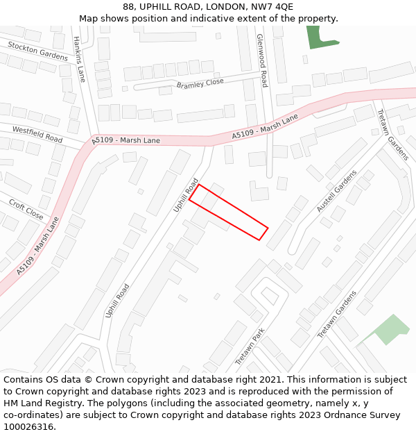 88, UPHILL ROAD, LONDON, NW7 4QE: Location map and indicative extent of plot