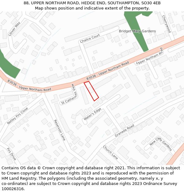 88, UPPER NORTHAM ROAD, HEDGE END, SOUTHAMPTON, SO30 4EB: Location map and indicative extent of plot