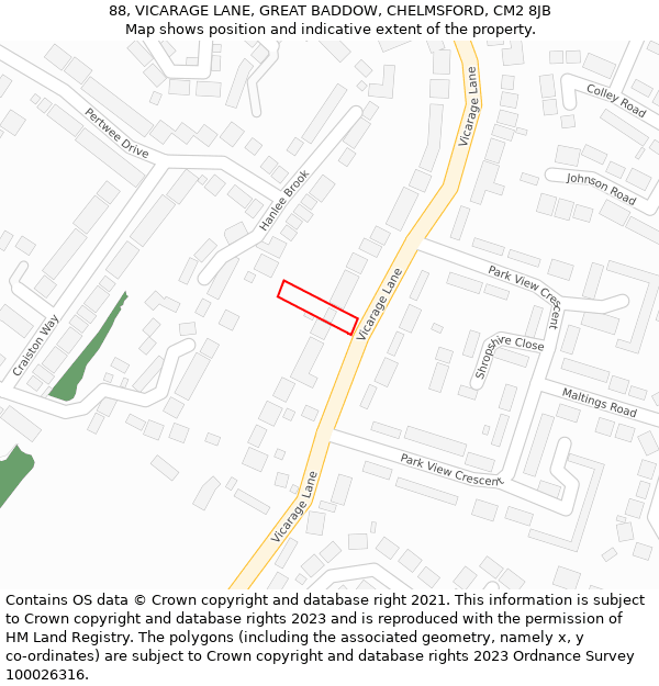 88, VICARAGE LANE, GREAT BADDOW, CHELMSFORD, CM2 8JB: Location map and indicative extent of plot