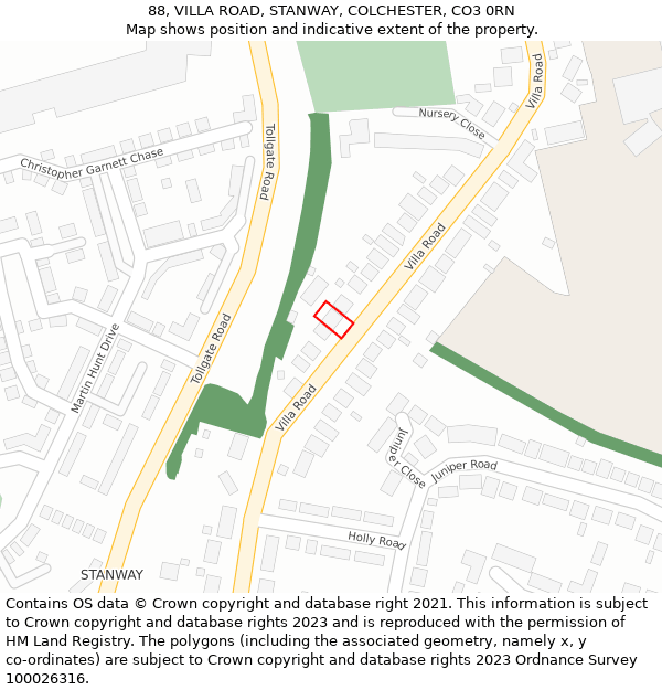 88, VILLA ROAD, STANWAY, COLCHESTER, CO3 0RN: Location map and indicative extent of plot