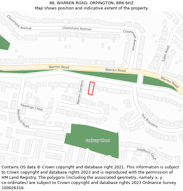 88, WARREN ROAD, ORPINGTON, BR6 6HZ: Location map and indicative extent of plot
