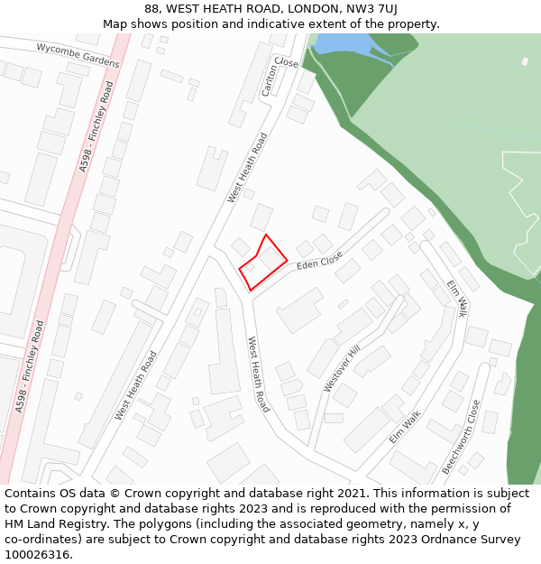 88, WEST HEATH ROAD, LONDON, NW3 7UJ: Location map and indicative extent of plot