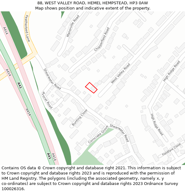 88, WEST VALLEY ROAD, HEMEL HEMPSTEAD, HP3 0AW: Location map and indicative extent of plot