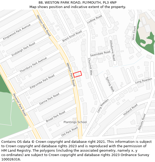 88, WESTON PARK ROAD, PLYMOUTH, PL3 4NP: Location map and indicative extent of plot