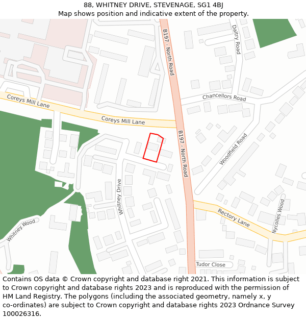 88, WHITNEY DRIVE, STEVENAGE, SG1 4BJ: Location map and indicative extent of plot