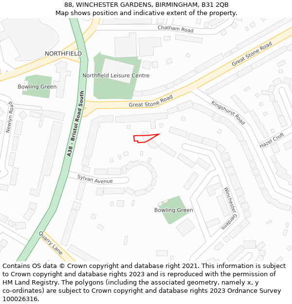 88, WINCHESTER GARDENS, BIRMINGHAM, B31 2QB: Location map and indicative extent of plot