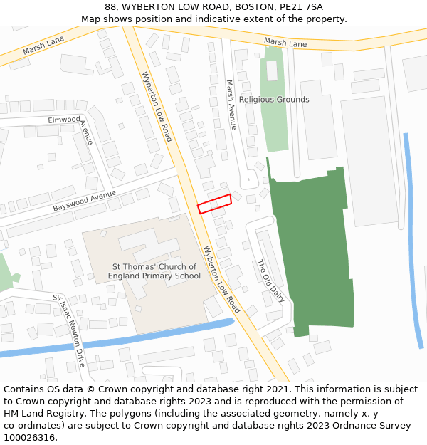 88, WYBERTON LOW ROAD, BOSTON, PE21 7SA: Location map and indicative extent of plot