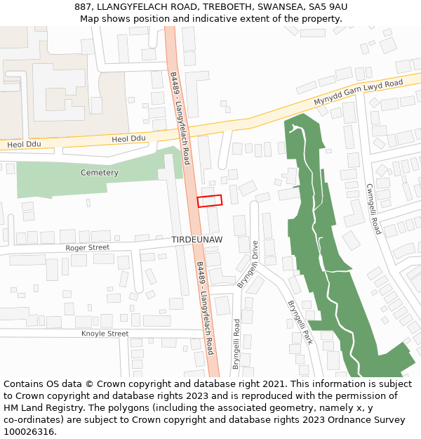 887, LLANGYFELACH ROAD, TREBOETH, SWANSEA, SA5 9AU: Location map and indicative extent of plot