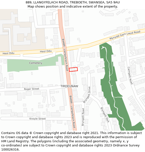 889, LLANGYFELACH ROAD, TREBOETH, SWANSEA, SA5 9AU: Location map and indicative extent of plot