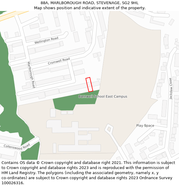 88A, MARLBOROUGH ROAD, STEVENAGE, SG2 9HL: Location map and indicative extent of plot