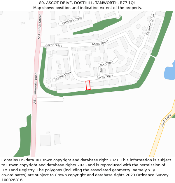 89, ASCOT DRIVE, DOSTHILL, TAMWORTH, B77 1QL: Location map and indicative extent of plot