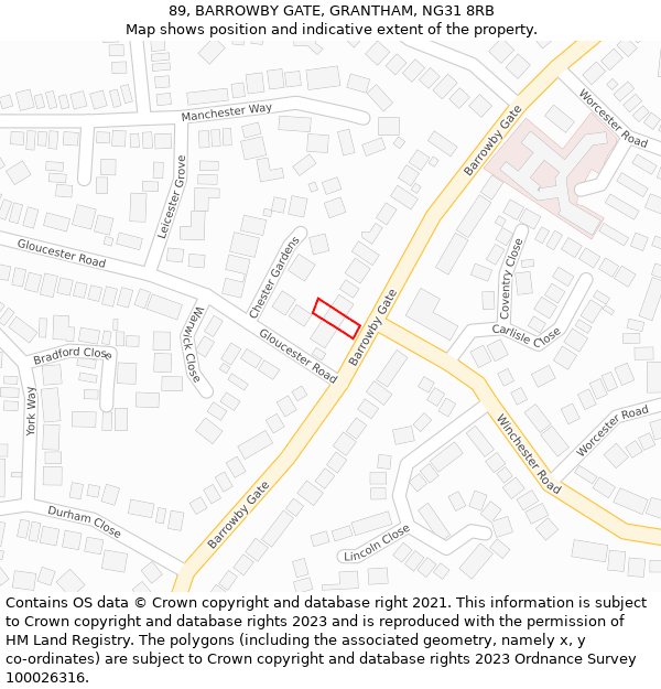 89, BARROWBY GATE, GRANTHAM, NG31 8RB: Location map and indicative extent of plot