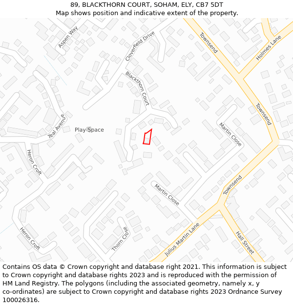 89, BLACKTHORN COURT, SOHAM, ELY, CB7 5DT: Location map and indicative extent of plot