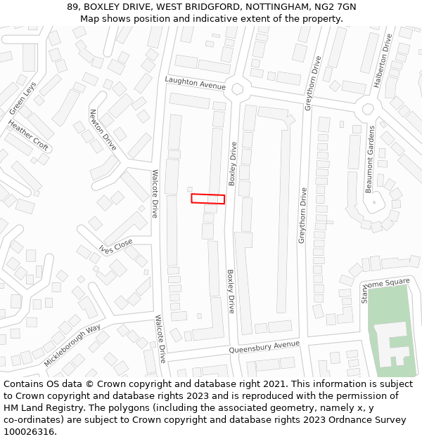 89, BOXLEY DRIVE, WEST BRIDGFORD, NOTTINGHAM, NG2 7GN: Location map and indicative extent of plot