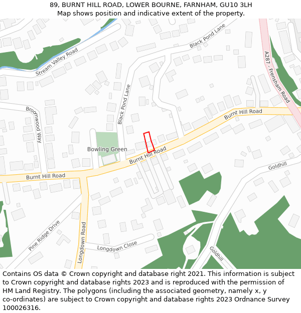 89, BURNT HILL ROAD, LOWER BOURNE, FARNHAM, GU10 3LH: Location map and indicative extent of plot