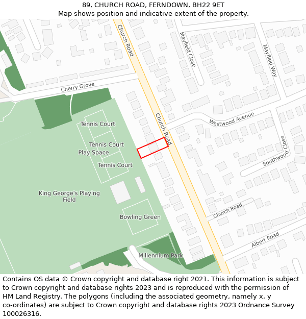 89, CHURCH ROAD, FERNDOWN, BH22 9ET: Location map and indicative extent of plot