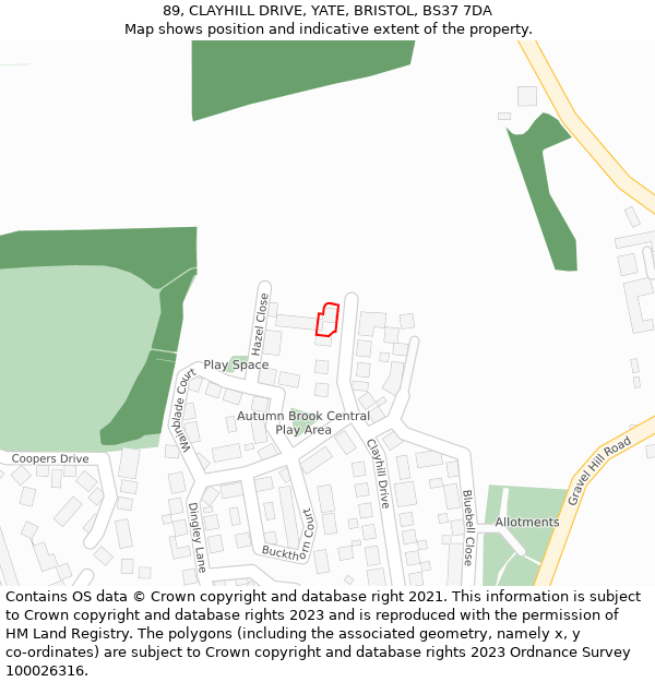 89, CLAYHILL DRIVE, YATE, BRISTOL, BS37 7DA: Location map and indicative extent of plot
