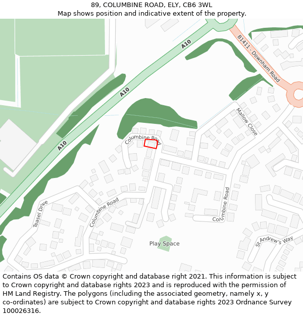 89, COLUMBINE ROAD, ELY, CB6 3WL: Location map and indicative extent of plot