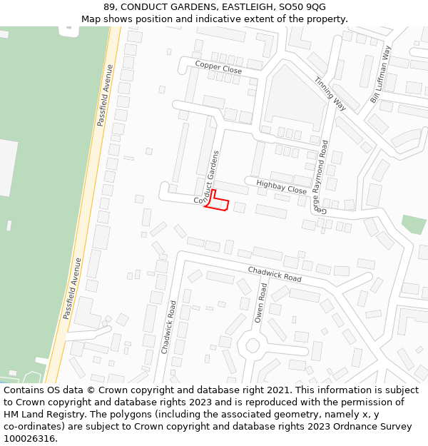 89, CONDUCT GARDENS, EASTLEIGH, SO50 9QG: Location map and indicative extent of plot