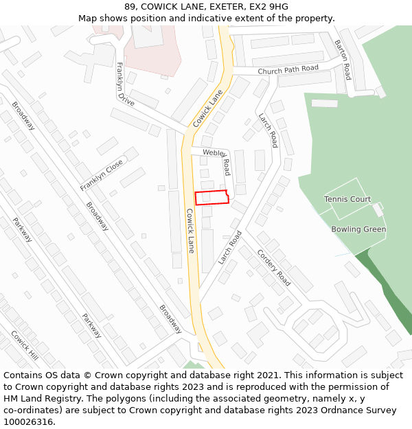 89, COWICK LANE, EXETER, EX2 9HG: Location map and indicative extent of plot