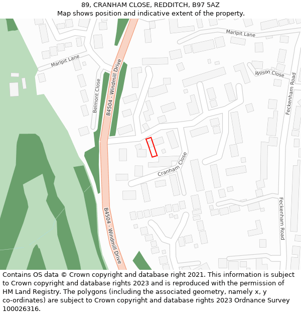 89, CRANHAM CLOSE, REDDITCH, B97 5AZ: Location map and indicative extent of plot