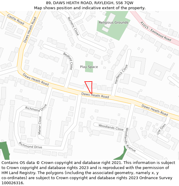 89, DAWS HEATH ROAD, RAYLEIGH, SS6 7QW: Location map and indicative extent of plot