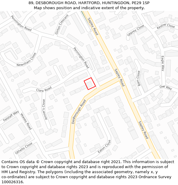 89, DESBOROUGH ROAD, HARTFORD, HUNTINGDON, PE29 1SP: Location map and indicative extent of plot