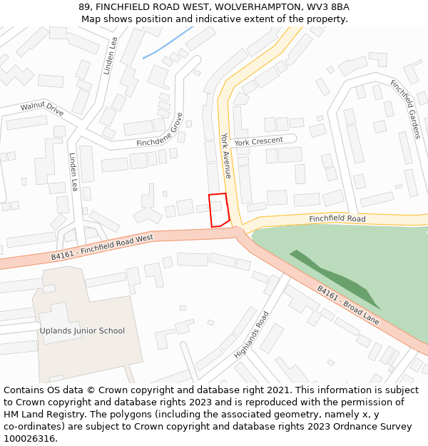 89, FINCHFIELD ROAD WEST, WOLVERHAMPTON, WV3 8BA: Location map and indicative extent of plot
