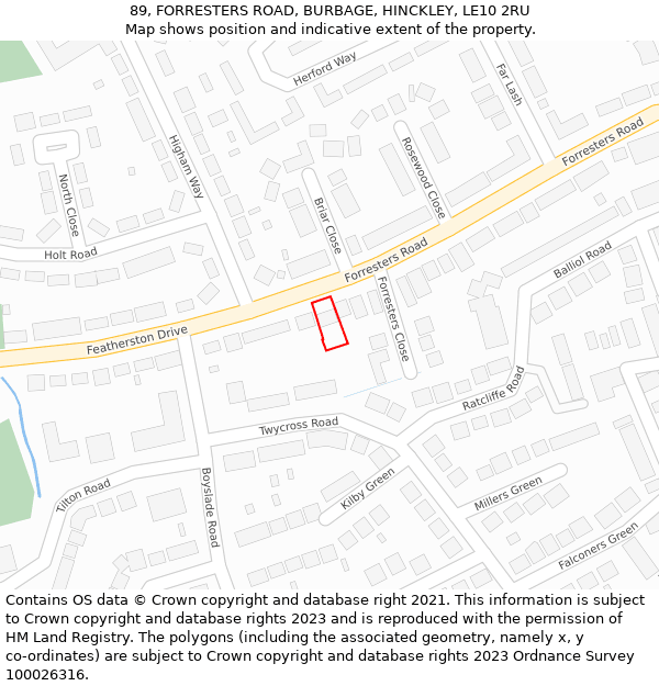 89, FORRESTERS ROAD, BURBAGE, HINCKLEY, LE10 2RU: Location map and indicative extent of plot