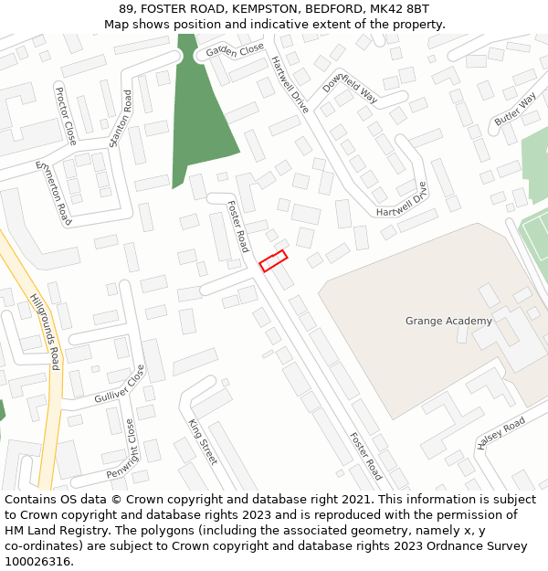 89, FOSTER ROAD, KEMPSTON, BEDFORD, MK42 8BT: Location map and indicative extent of plot